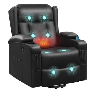 WOLTU Sillón Reclinable Eléctrico, Sillón de Masaje con Ayuda para Levantarse, Sillon Relax con Calefacción de Masaje, Reposapiés, Bolsillos, Portavasos, Puerto USB, PU, Negro, SKS62sz