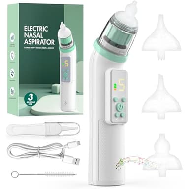 Aspirador Nasal Eléctrico para Bebés y Recién Nacidos, 5 Niveles Succión Suave, LED, 3 Boquillas Silicona Seguras + Pinza, Música Luz Nocturna, USB-C Recargable, Silencioso Fácil Limpiar Portátil