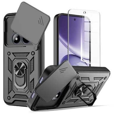 Funda para Xiaomi Redmi Note 15 Pro+ Plus 5G, Carcasa Armor Cubierta de cámara Deslizante Proteger con 1× Cristal Templado, Cover con 360 Grados Anillo Hard PC y Silicona Bumper antigolpes Case,Negro