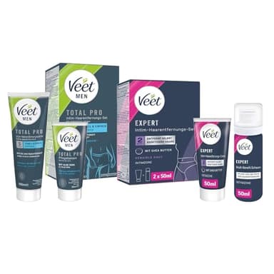 Veet Expert/Men - Kit de depilación íntima para él y ella, crema depilatoria para zonas íntimas, incluye espuma Multi Benefit, 2 x 50 ml, tubo de 100 ml y bálsamo nutritivo de 50 ml