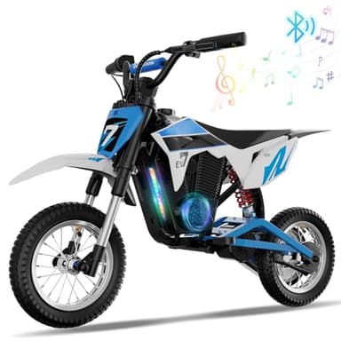 EVERCROSS EV12M Pro Moto Cross Eléctrica, Motocicleta Eléctrica con Motor de 300W, 18KM de Largo Alcance, Neumático de 12'', Música Bluetooth, Luces de Colores, Mini Moto para Altura de 110cm o más