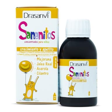 DRASANVI SANANITOS CRECIMIENTO Y APETITO - Mejorana + Jalea Real + Acerola + Cilantro - Sabor PLÁTANO - SIN GLUTEN - 150ml