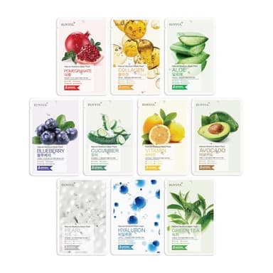 Eunyul Máscara de hoja natural Paquete de máscara facial coreana Aloe, colágeno, perla, hialurón, aguacate, granada, vitamina, arándano, té verde, pepino, paquete de 10