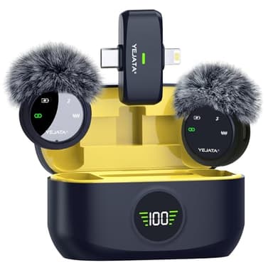YEJATA Micrófono inalámbrico 2 en 1 para iPhone y Android, Mini micrófono con reducción de Ruido, Estuche de Carga de 40 Horas, Solapa magnética y Abrazadera para entrevistas, Alcance de 25 Metros.