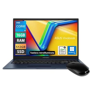 Sus Ordenador portátil Vivobook, PC portátil, CPU Intel i5 13Th 10 Core 4,6 GHz, RAM 16 GB, SSD M, 2 512 GB, 15,6 FullHD IPS, 4 USB, HDMI, Windows 11 Pro, Teclado retroiluminado, Libre Office, QWERTY
