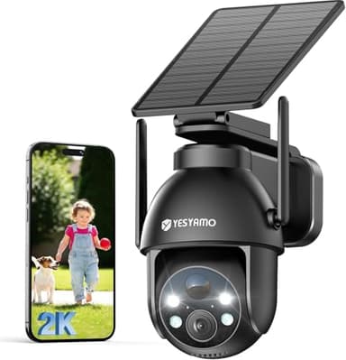 YESYAMO 2K Cámara de vigilancia WiFi Exterior inalámbrica Solar, 2.4GHz cámara Exterior Solar con Panel Solar, 360grados PTZ, visión Nocturna Color, Audio bidireccional, Sirena PIR (Negro)