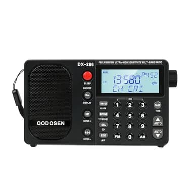 QODOSEN DX-286 Radio portátil de Onda Corta FM estéreo/Am/LW/SW Radio ultrasensible de Banda Completa con chipset TEF6686, Pantalla LCD, función de Alarma RDS y batería Recargable 18650 (Negro)