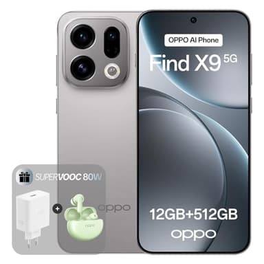 OPPO Find X9 5G 12+512GB, Smartphone liberado con IA, Pantalla ProXDR 6.59" 120Hz, Cámara Hasselblad de 50 MP, 4K Motion, 7025 mAh, IP69, Titanium Grey (Incluye Cargador SUPERVOOC 80W y Enco Air4)