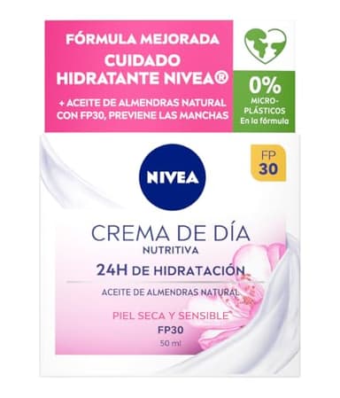 NIVEA Crema de Día Nutritiva - Crema Facial Hidratante - Hidratanta y Previene las Manchas - Protección Solar PF30 - Aceite de Almendra y Extracto de Magnolia Natural - Piel Seca y Sensible - 50 ml