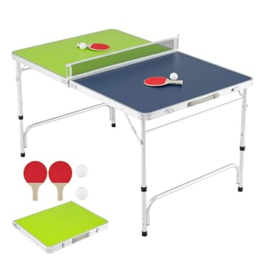 GOPLUS Mesa de Ping-Pong, 120 x 76 cm, Mini Tenis de Mesa Plegable con Red, 2 Paletas, 2 Pelotas, Altura Ajustable en 3 Niveles, Marco de Aluminio, Interior y Exterior, para Niños y Adultos