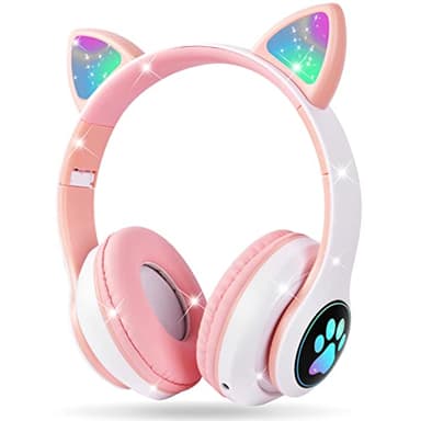 AXFEE Auriculares Inalámbricos para Niños, Auriculares con Orejas de Gato con Luz Led, Auriculares Plegables para Niños con Micrófono, para Móvil/Tableta, Regalo de Cumpleaños/Navidad(Rosado)