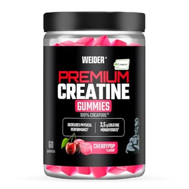 Weider Premium Creatine Gummies (60 gominolas) Sabor Cereza, con 3,5g creatina monohidrato 100% Creapure/porción, ayuda a aumentar el rendimiento físico (20 porciones)