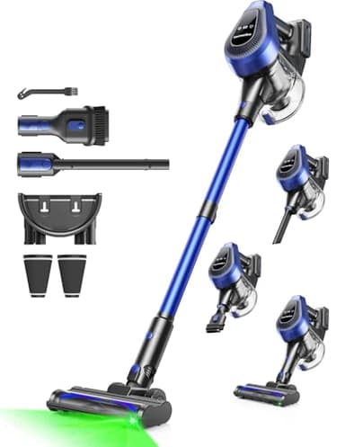 Ivormentico 50Mins Aspiradora sin Cable, 40KPA Aspirador sin Cable con LED Verde, 550W Escoba Aspiradora sin Cable con Filtro de 8 Capas, Aspirador Vertical con 1,5 L Contenedor para el Polvo, Azul