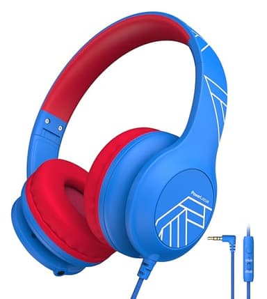 PowerLocus Auriculares para Niños, Cascos para Niños con Límite de Volumen Seguro de 85/94dB, Auriculares Infantiles con Cable, Micrófono Integrado, Plegable para iPad/Tabletas/Viajes (Azul/Rojo)