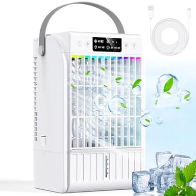Aire Acondicionado Portatil,enfriador de aire con tanque de agua de 1700ml,4 vientos,2 Funciones de pulverización,7 LED de color,USB-C,Cronómetro 1-6h - para dormitorios,oficinas,coches