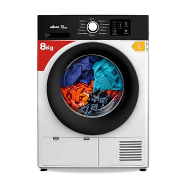 Nilson Secadora Bomba Calor 8Kg, Carga Frontal, Blanco, NSB800E. Motor Universal, 12 Programas, Función Antiarrugas, Tambor Galvanizado, Control Electrónico, Eficiencia Energética Clase E