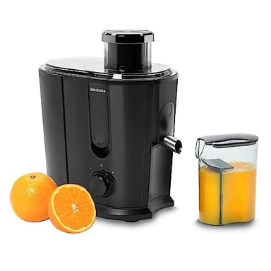Extractora de Zumo Brabantia, 500 Vatios, Recipiente de Pulpa 1 L, Jarra de Zumo 0,35 L, 2 Velocidades, Licuadora Potente, Eléctrica, Verduras y Frutas, Acero Inox, Negro, BBEK1123BK