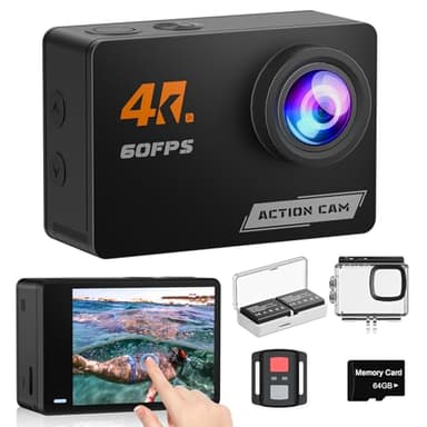 Cámara Deportiva 4K 60FPS con Pantalla Táctil,8X Zoom Videocámara de Casco WiFi-EIS Antivibración,48MP Subacuática Buceo 40M-Tarjeta 64GB,Control Remoto,2 * 1350mAh Baterías,Varios Accesorios