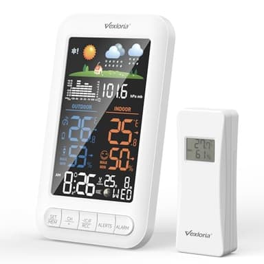 Vexloria EstacióN MeteorolóGica InaláMbrica Con Sensor Exterior, Radio Reloj Digital Dcf, TermóMetro De Interior, HigróMetro De Interior, Pronosticador Del Tiempo, Actualizar VersióN Blanco
