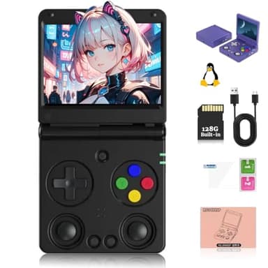 RG 34XXSP - Consola de juegos portátil abatible de 64 G + 128 G, 8000 juegos integrados, pantalla IPS de 3.4 Linux 64 bits 3300 mAh, plegable, reproductor de videojuegos retro, regalo para adultos