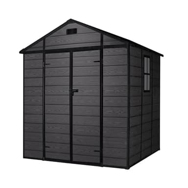 Wasabi - Caseta de Resina Jardín Aqua 4,6m2 - Suelo Incluido - Ventana Lateral - Doble Puerta abatible - Acabado Madera en Color Negro – Paneles 12mm de Espesor - Cobertizo PVC Almacenaje Exterior