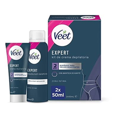 Veet Expert Kit de Depilación para Zonas Íntimas del Cuerpo, Crema Depilatoria Mujer 50 ml y Espuma Multi-Beneficios 50 ml