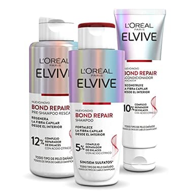 L'Oréal Paris Elvive Bond Repair Cofre Reconstrucción Pre-champú, Champú sin sulfatos, Acondicionador de Reconstrucción Profunda, Tratamiento para Reparar el Cabello Dañado, Multicolor