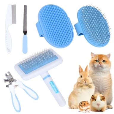 Nobleza - 6 Piezas Set de Aseo para Mascotas Pequeñas, Kit de Aseo de Conejos con Cepillo Rastrillo de Púas, Guante de Baño y Masaje, Peine de Aseo para Hámster(Azul)