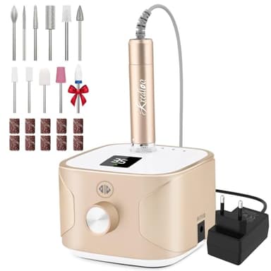 Kredioo Torno para Uñas Profesional 35000 RPM, Pulidor Uñas, Lima Electrica, Nail Drill, Set Manicura y Pedicura Electrico, Kit 11 Fresas Brocas, LED Tátil, Quitar Acrílico Gel/Esmalte/Callos, Oro