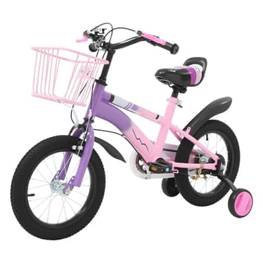 GXSFLG Bicicleta infantil de 14 pulgadas, con ruedas estabilizadoras, cesta de timbre en lila, para niños y niñas a partir de 3 – 6 años, manillar de asiento regulable en altura, sistema de frenado