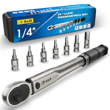 S&R Llave Dinamométrica para Bicicletas y Motos 1/4 "(5-25 Nm) 27,2 cm + 7 Puntas Allen Torx: H10, H8, H6, H5, H4, H3, T25 en acero Cr-V - Juego Profesional y Completo