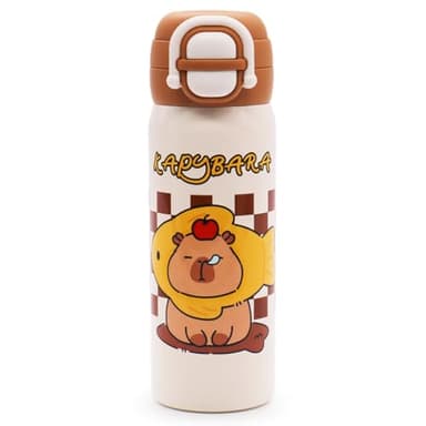 FCXVXCL Capybara Botella de Agua Isotérmica con Pajita, Botella Metálica de Acero Inoxidable Aislada al Vacío sin BPA Reutilizable para la Escuela, los Deportes y Jardín de Infantes 600ML