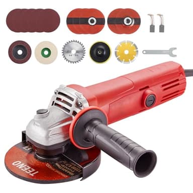 TEENO Amoladora Angular 1000W 125 MM Con 20 Accesorios, Radial Pequeña Velocidad en Vacío 12000 rpm (Disco de 125 mm), Amoladora Pequeña Para Cortar, Esmerilar y Pulir Metal, Madera, Cerámica y Piedra