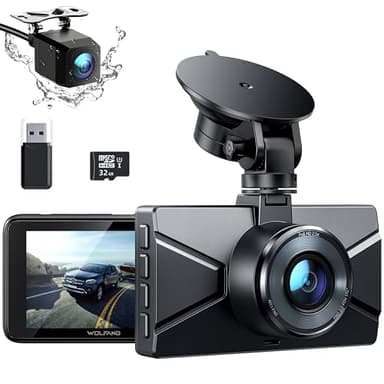 WOLFANG Cámara de Coche Delantera y Trasera 2.5K QHD, Arjeta 32GB SD Incluida Dashcam de Doble Lente para Coches de 170º Gran Angular Monitor de Aparcamiento 24H con Grabación en Bucle y Sensor G