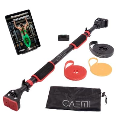 CAEMI Barra dominadas pared ajustable 72-110 cm, hasta 200 kg, Barra de dominadas puerta sin tornillos, Pull up bar dominadas calistenia en casa con bandas elásticas y ebook