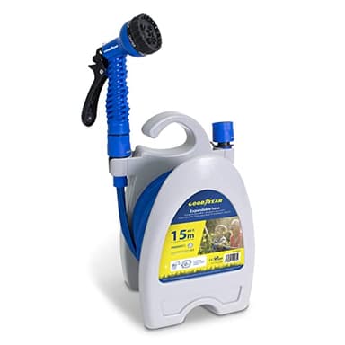 Goodyear – Manguera de Jardín Expandible 15m (49ft) con Enrollador, Ultraligera y Anti-Torsión, incluye Pistola de 7 Posiciones y Conectores Rápidos 1/2" y 3/4"