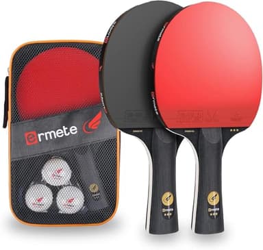Ermete Palas de Ping Pong, 2 Raquetas Profesionales, 3 Pelotas de Ping Pong y Bolsa de Transporte, Ideal para Principiantes, familias y Profesionales