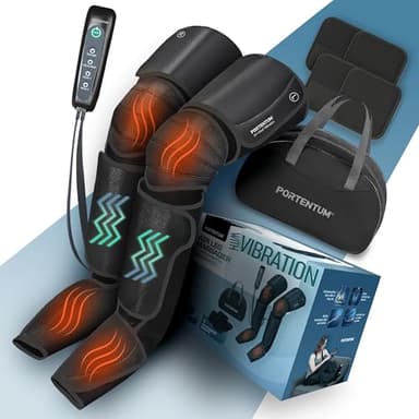 PORTENTUM Botas de presoterapia para casa con calor y vibración – Masajeador piernas con 5 niveles de compresión de aire – Mando – Alivia piernas cansadas y mejora la circulación – Bolsa transporte