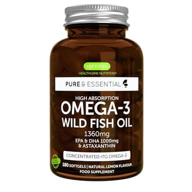 Omega 3 1000mg EPA y DHA, Triglicéridos rTG Alta Absorción con Astaxantina, 180 Cápsulas, IFOS Certificado 5 Estrellas, Aceite de Pescado Salvaje Ultrapuro, Sabor Limón, Superconcentrado, de Igennus