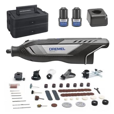 Dremel 8250 Herramienta rotativa sin cable 12V sin escobillas 5.000-30.000 RPM Kit con caja Dremel, 65 accesorios, 5 adaptadores 2 batería+cargador para amolar, taladrar, fresar, eliminar lechada