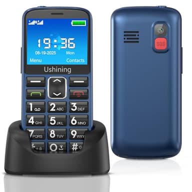 Ufferson Teléfono Móvil para Personas Mayores con Teclas Grandes, Grande de 2,4 Pulgadas, Botón SOS, Base Cargadora, Volumen Alto, Fácil de Usar Celular para Ancianos con Base Cargadora - Azul