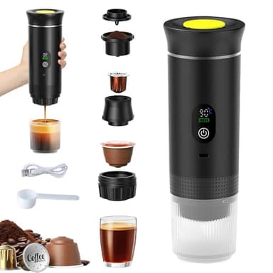DAJASD 3 en 1 Cafetera Portátil, 12V Cafetera Espresso Portátil, Cafetera Espresso Eléctrica Portátil con USB-C con Cápsula y café molido para RV, Acampada, Senderismo, Oficina y Hogar(Negro)