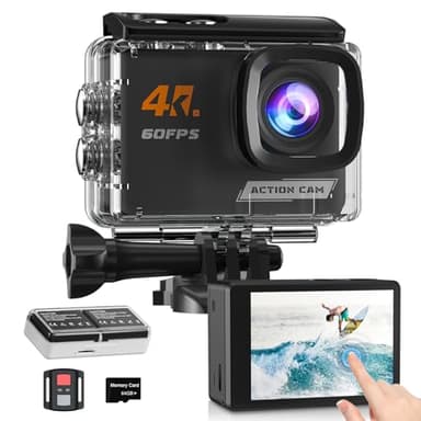 4K60FPS Cámara Deportiva Pantalla Táctil, 40M Cámara Acuática con Tarjeta SD 64G, Estabilización 6-Ejes Cámara de Acción 48MP WiFi Videocámara con 8X Zoom 2 * 1350 mAh Baterías Accesorios Kits