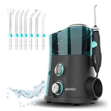Cecotec Irrigador Bucal Bamba ToothCare 1200 Jet Pro. 7 Boquillas, Hasta 1250-1700 pulsos por minuto, Pantalla LED, Capacidad 1000 ml, 10 Ajustes de presión, IPX4, Desinfección con luz UV