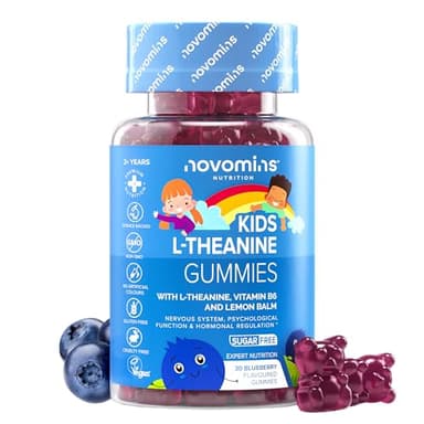 L Teanina para Niños - 50 mg de L-Teanina con Vitamina B6 y Melisa - Gominolas de Hojas de Té Verde - Vegano y Sin Gluten - 30 Gominolas para 1 Mes - L Theanine para la Concentración - Novomins