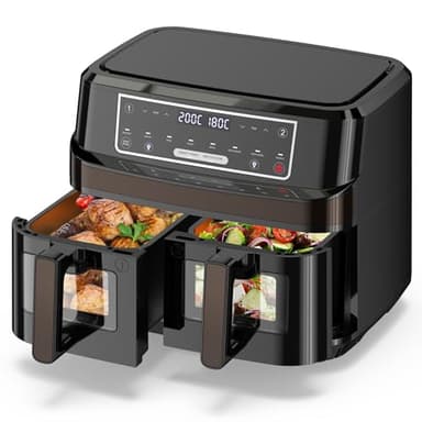 Freidora de Aire Caliente 2 Cámaras | 10L Airfryer XXL con Ventana Visualizada, Freidora de Aire Doble Zona 8 en 1 con 2 Cajones 5L, Freidora de Aire Caliente de Doble Cámara ad Bajo en Grasa Cocinar
