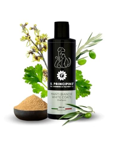 Champú para Perros y Gatos específico para pelajes Blancos, Tiene un Efecto blanqueador inmediato. Recomendado para Perros Malteses, caniches o pelajes Blancos. Natural, Seguro y Efectivo, 250ml