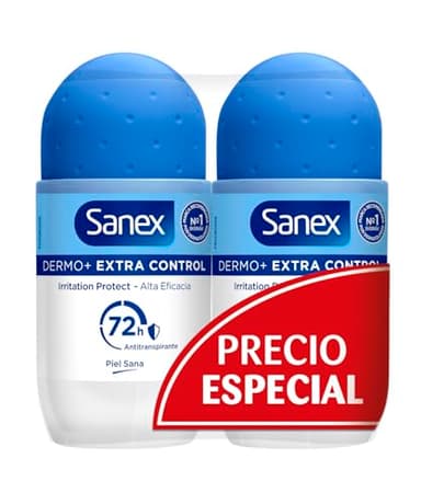 Sanex Dermo+ Extra Control Desodorante Antitranspirante Roll-On 72 Horas 2x50ml – protección efectiva contra el sudor y el mal olor – dermatológicamente testado– contiene 0% alcohol*