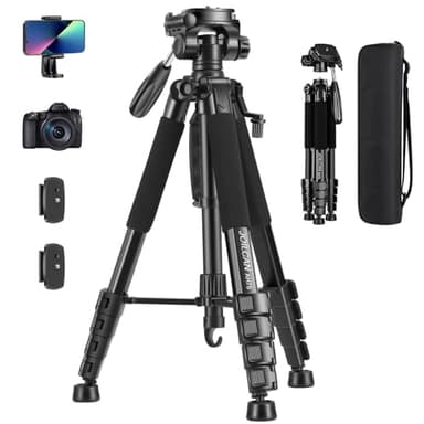 JOILCAN Trípode Cámara, 187cm Tripode para Movil con Soprtre de Teléfono Movil, Tripod de Aluminio con Cabezal Giratorio de 360 Grados, Ligero Trípode para Canon Nikon Sony, Carga hasta 5kg, Negro