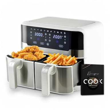 MasterPro Rocket Duo 900 | Freidora Sin Aceite Doble | Color Blanco | Capacidad de 9 L y 2400 W | Pantalla LED Táctil y Cesta Antiadherente | Freidora de Aire | 11 Funciones Diferentes en 1, Clásico